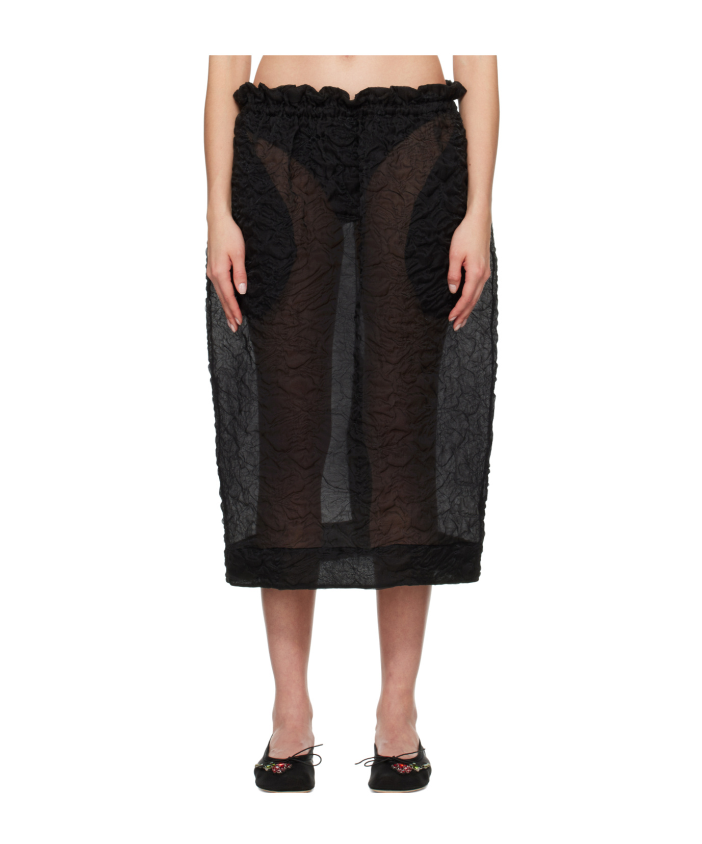 Simone Rocha Black Elasticated Gathered Ruffle Waist Tulip Midi Skirt In Black