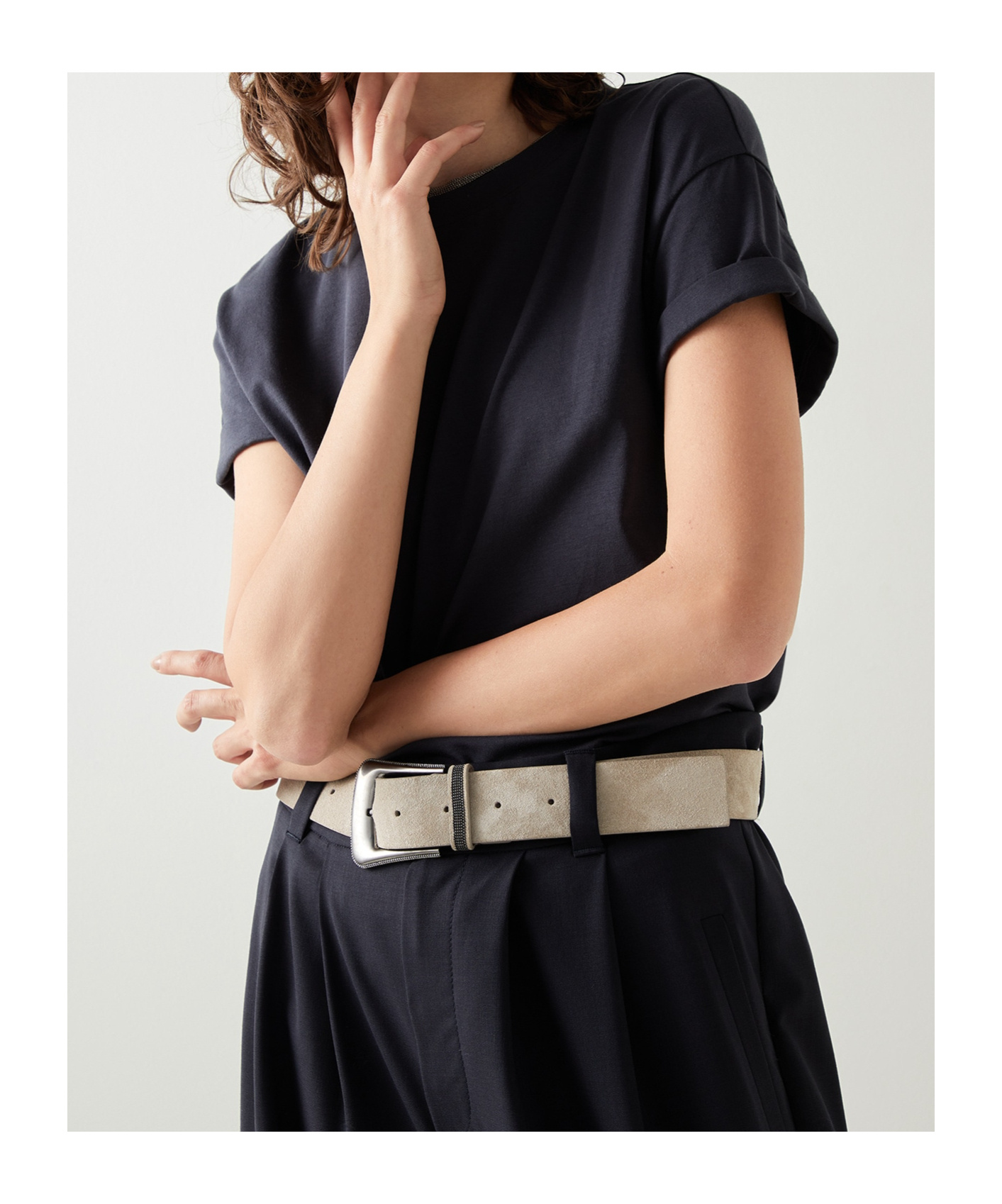 Brunello Cucinelli Blue Crewneck T-shirt With Monil Detail On The Collar And Rear Cut-out In Cotton Stretch Woman In Blue