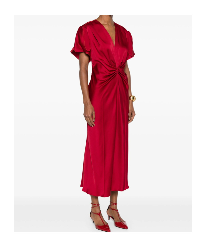 Victoria Beckham Gathered V Neck Midi Dress Tomato