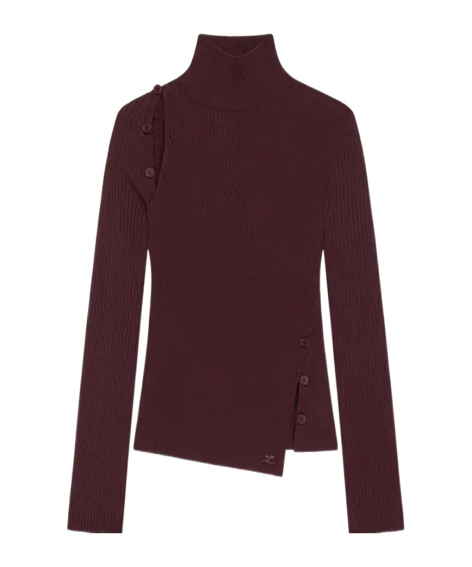 Courrèges Buttoned Ribbed Turtleneck Sweater In Burgundy