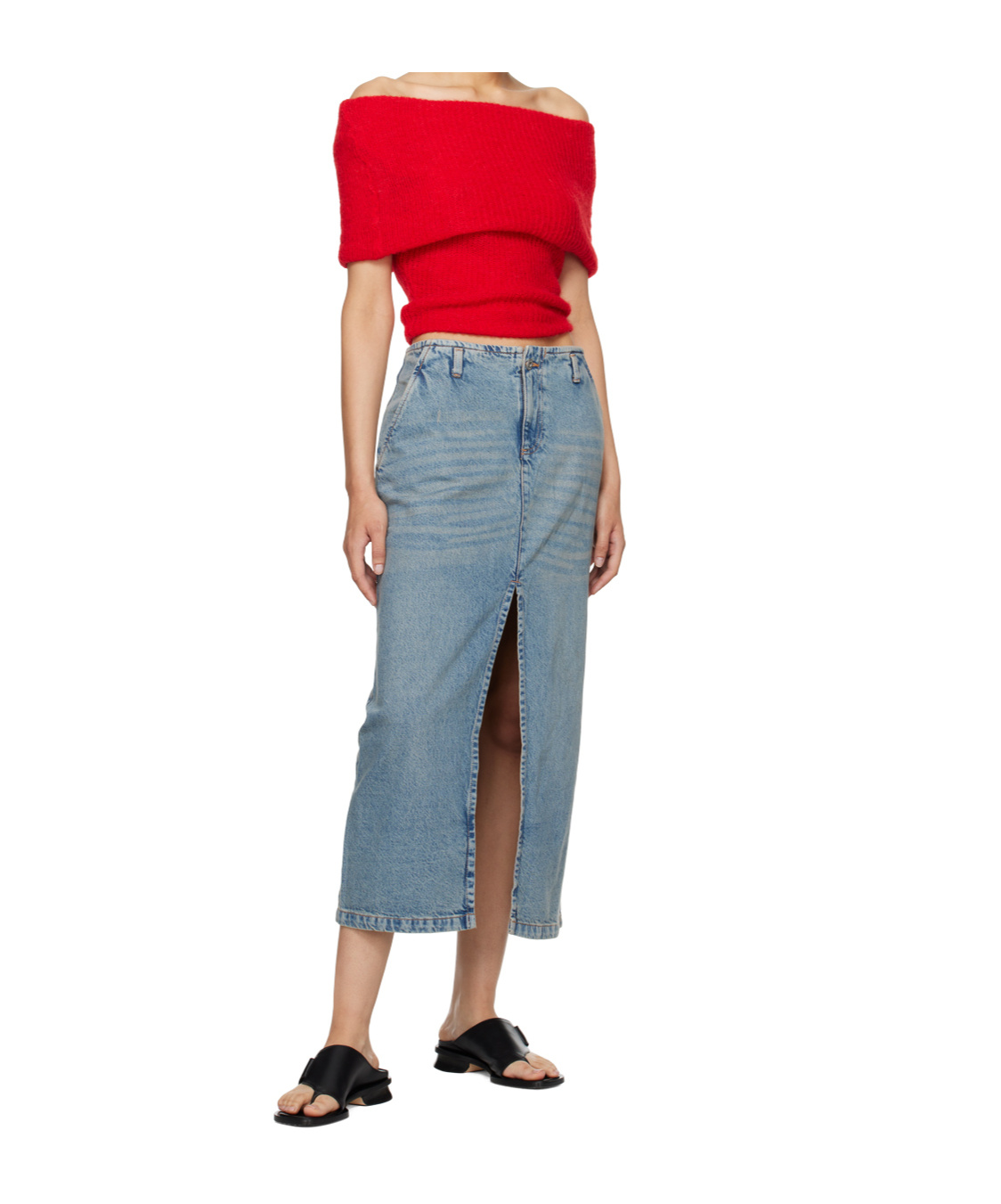 Gimaguas Front-slit Cotton Denim Midi Skirt In Gray