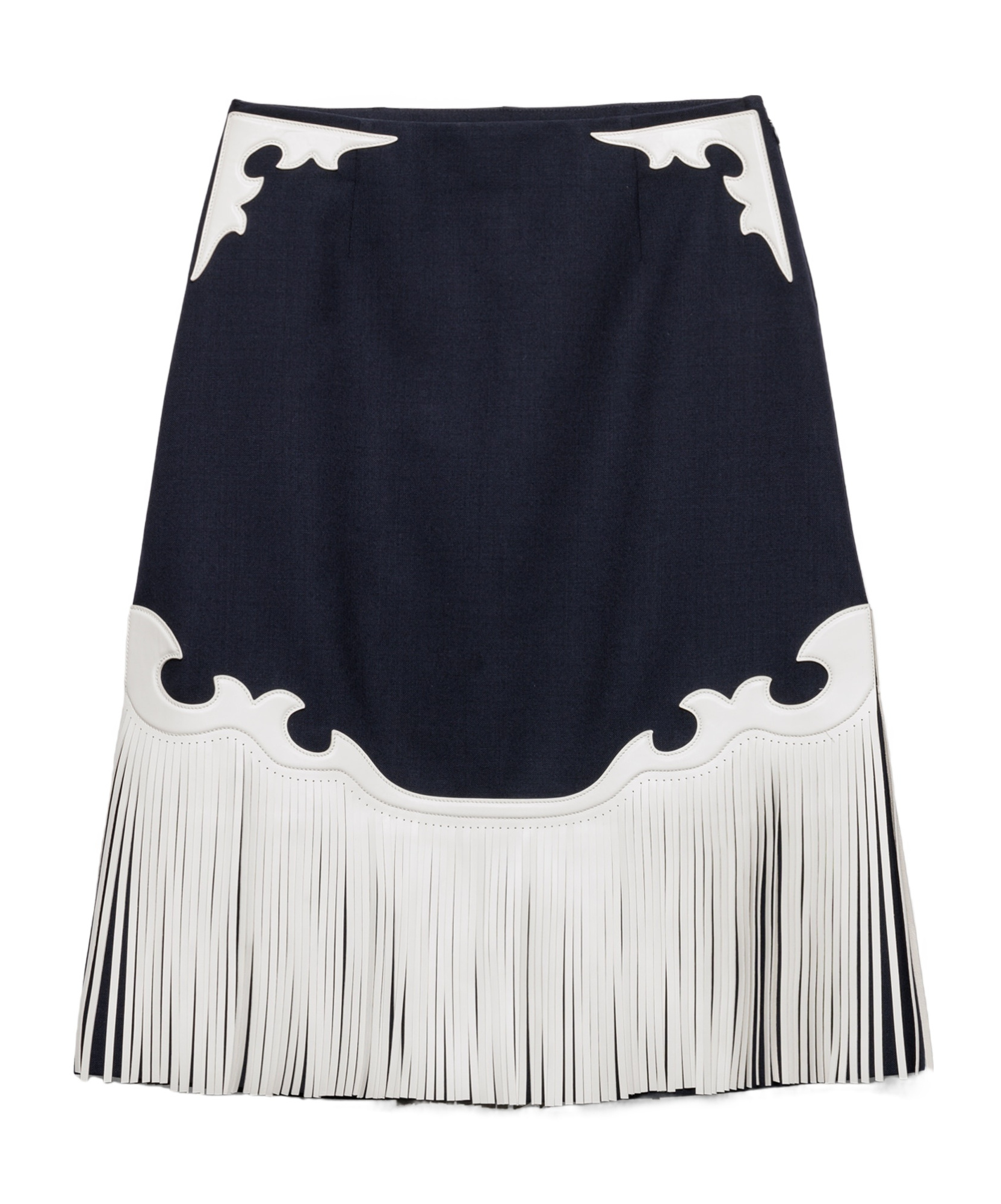 Prada Rush Stitch Skirt With Leather Fringe In Blue