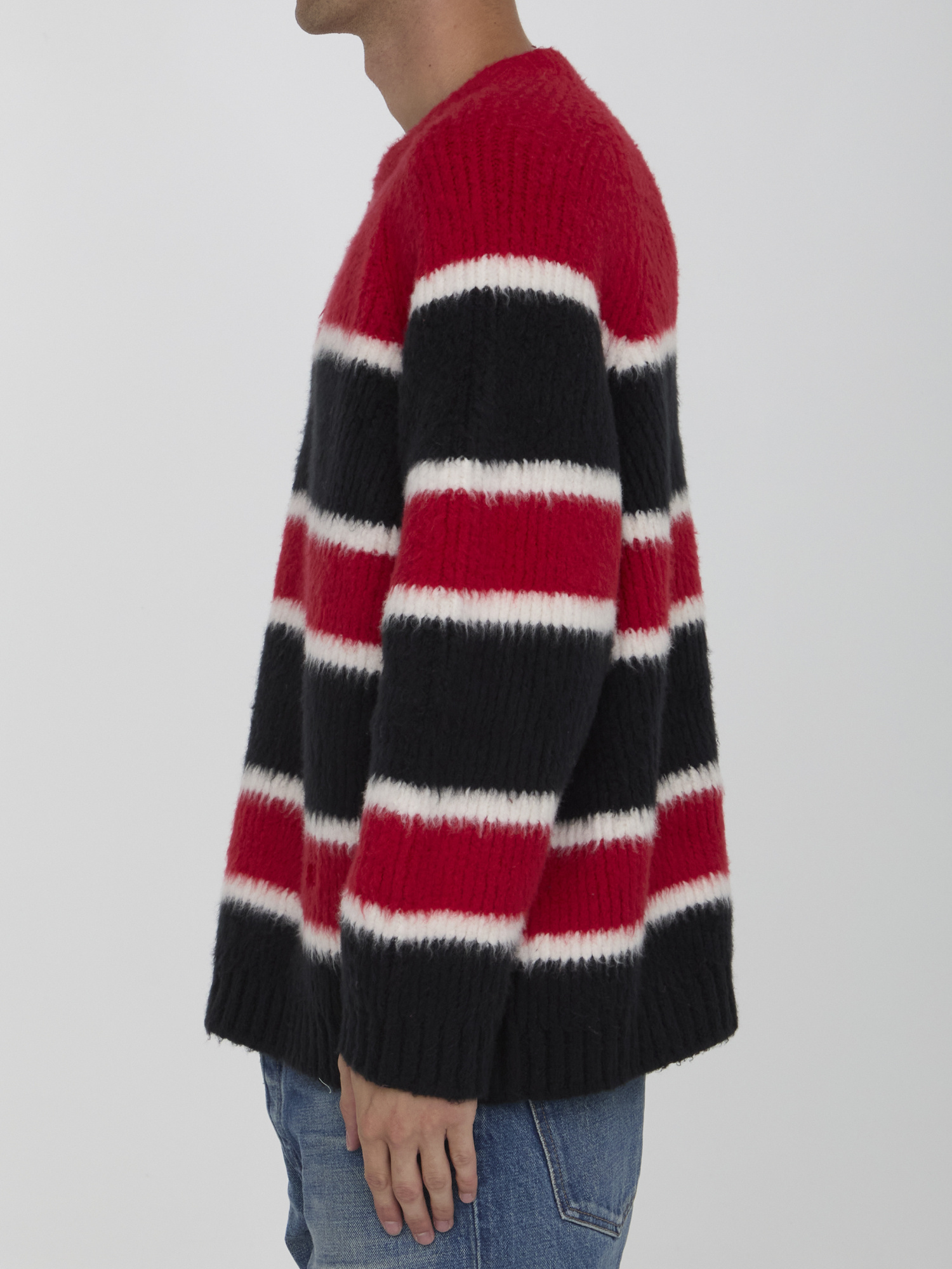 Celine Striped Cotton Blend Crew-neck Sweater In Red