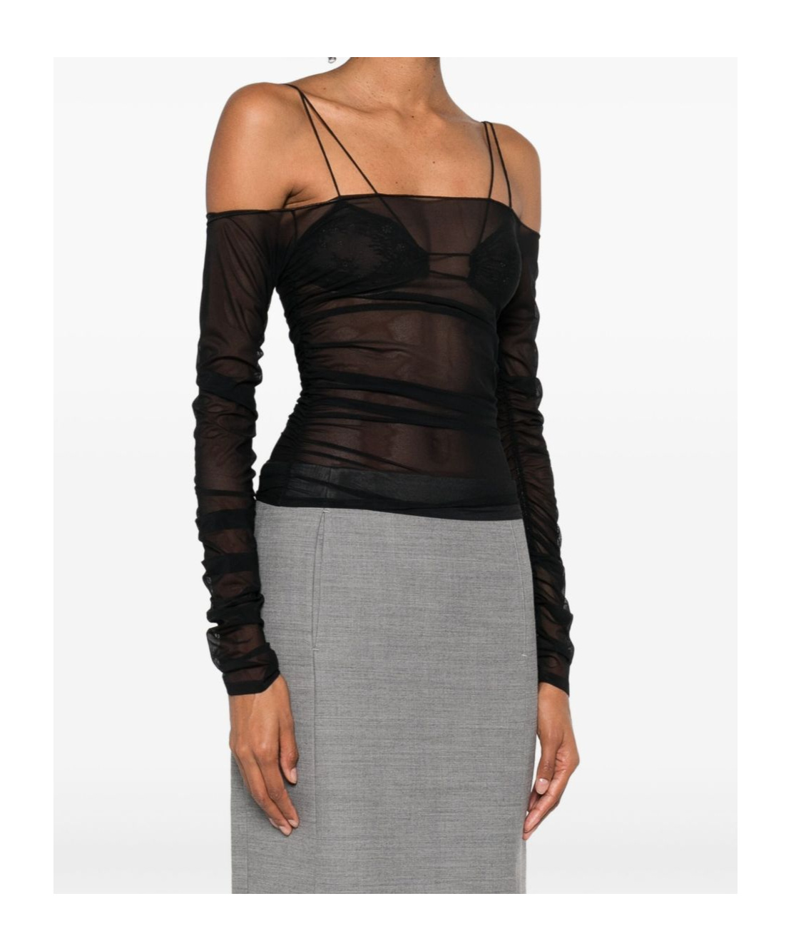Amazuìn Semi-transparent Off-the-shoulder Top With Ruched Detailing In Black