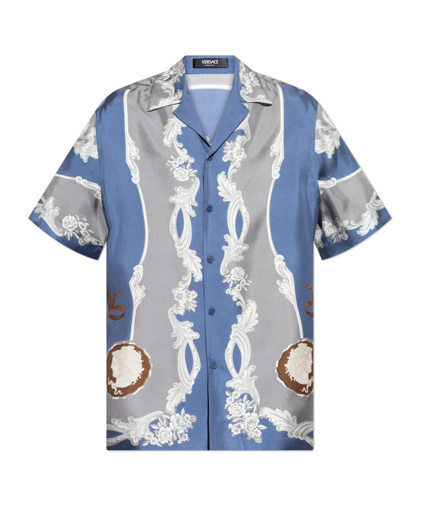 Versace Camp-collar Printed Silk-twill Shirt In Blue