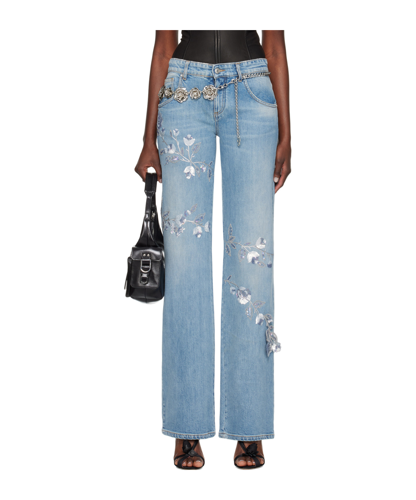 Shop Blumarine Floral Sequined Jeans In Blue