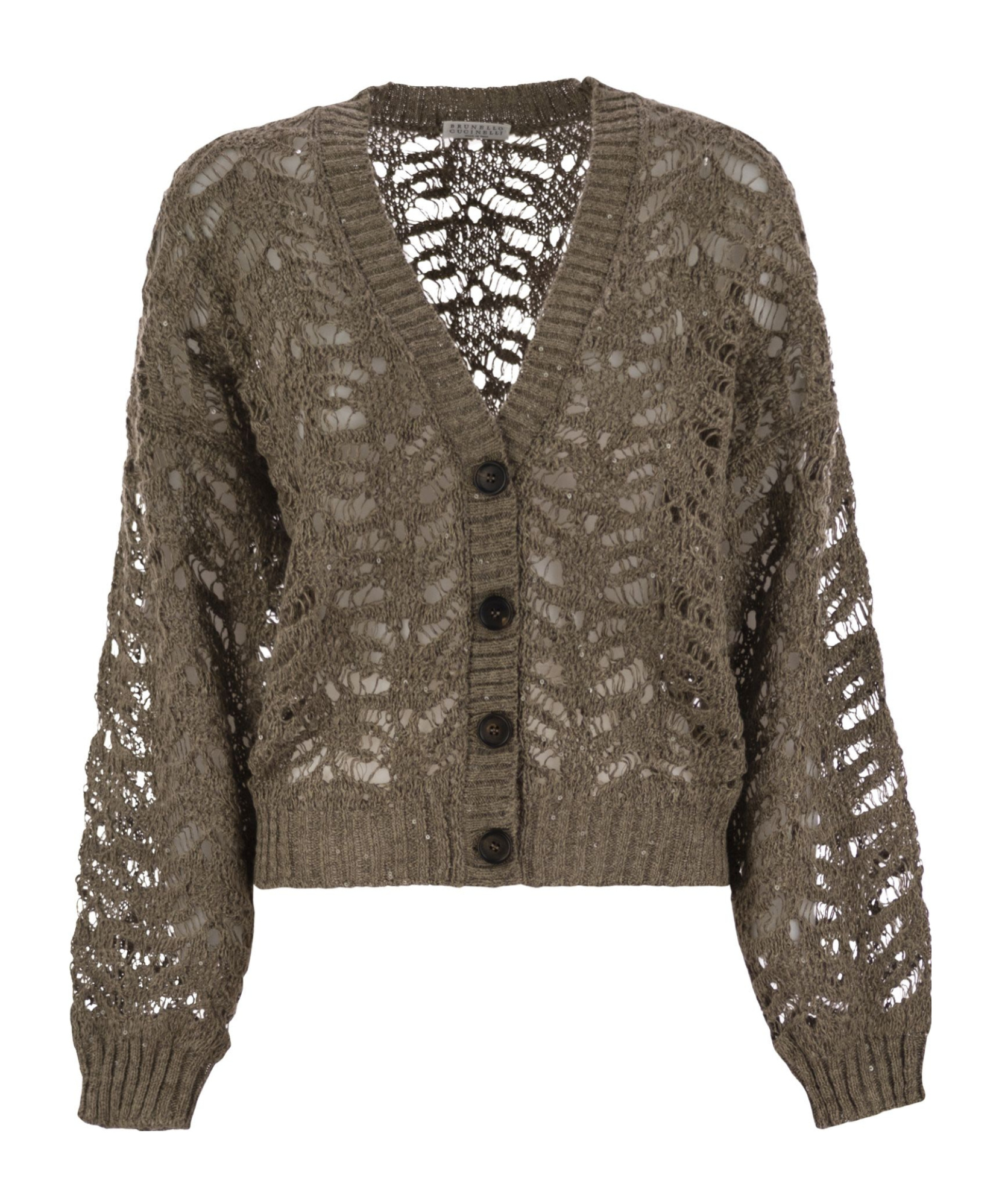 Brunello Cucinelli Foliage Lace Cardigan In Linen And Silk Diamante In Green