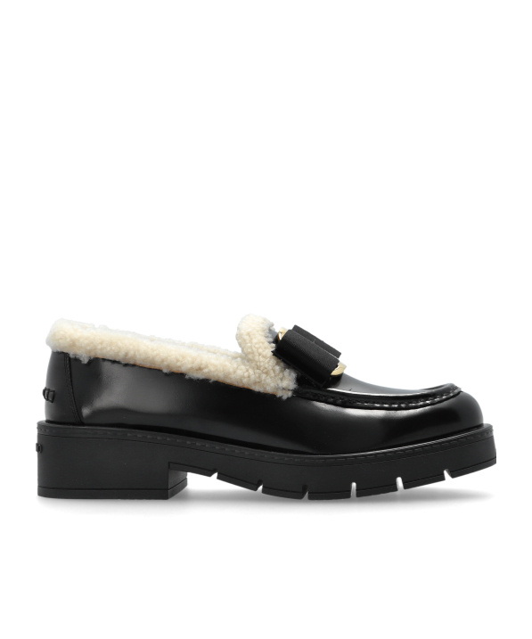 Ferragamo Mirty Vara Bow Shearling Leather Loafers In Black