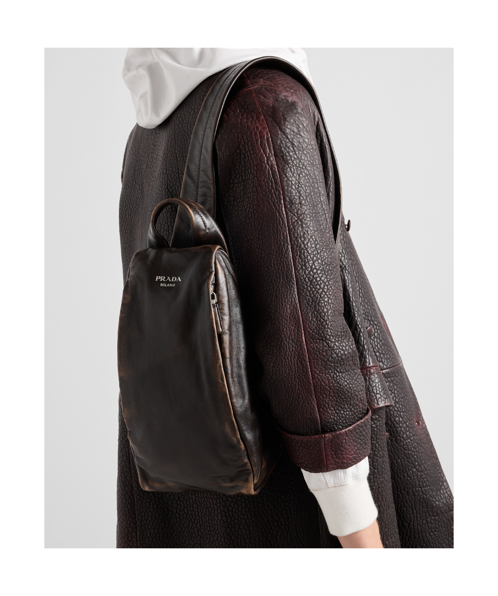 Prada Structured Leather Backpack With Logo Zipper Closure In Dark Brown