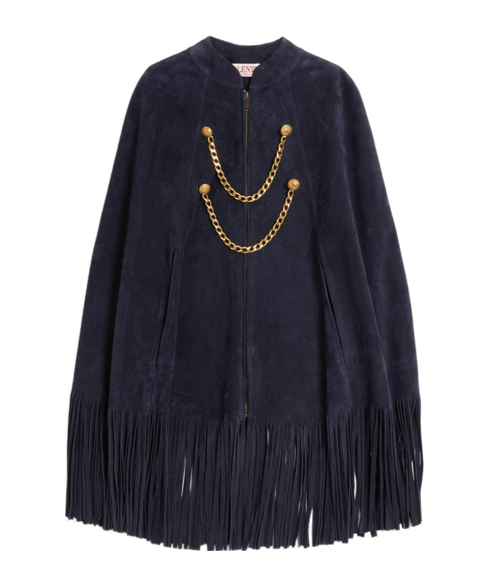 Valentino Suede Cape With Fringes In Navy Blue
