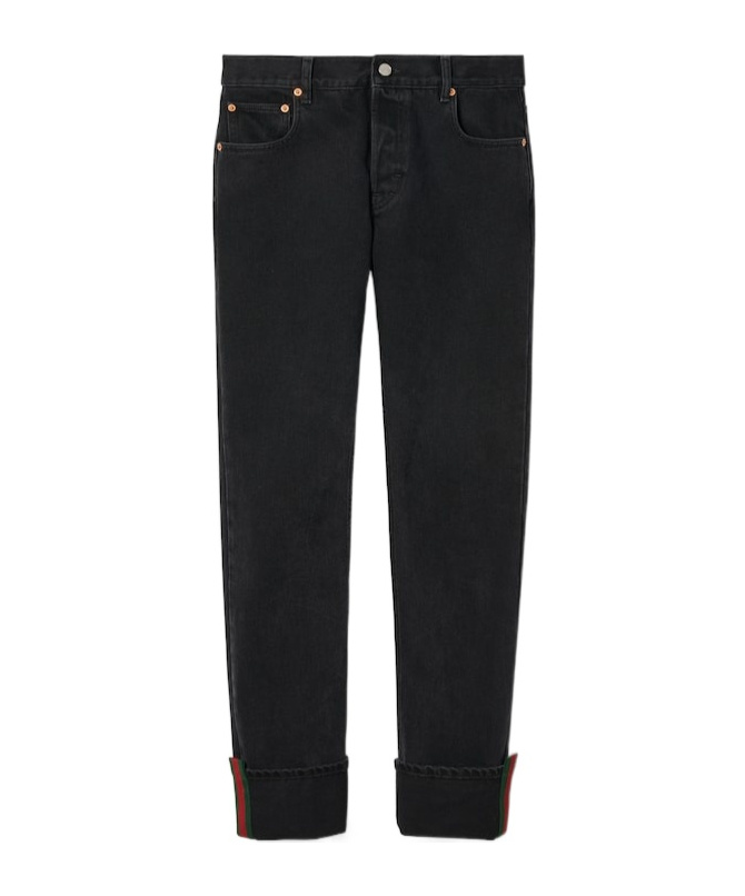 Gucci Men Web Turn-up Slim-fit Jeans In Black