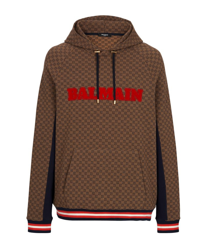 Balmain Retro Monogram Logo Cotton Hoodie In Green