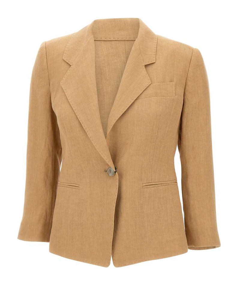 Shop Marella Slim-fit Linen Blazer In Brown