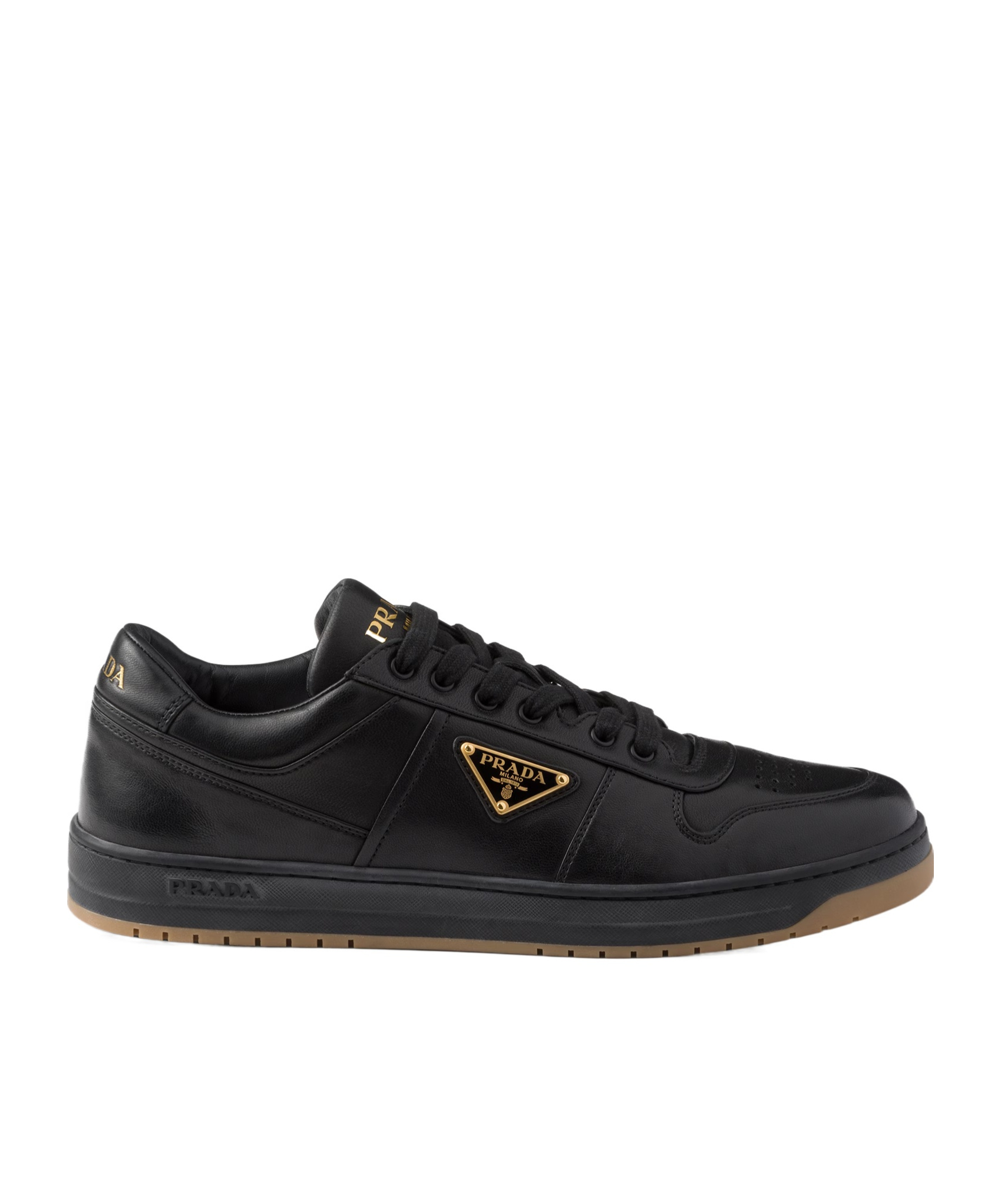 Prada Enamel-triangle Leather Sneakers In Black