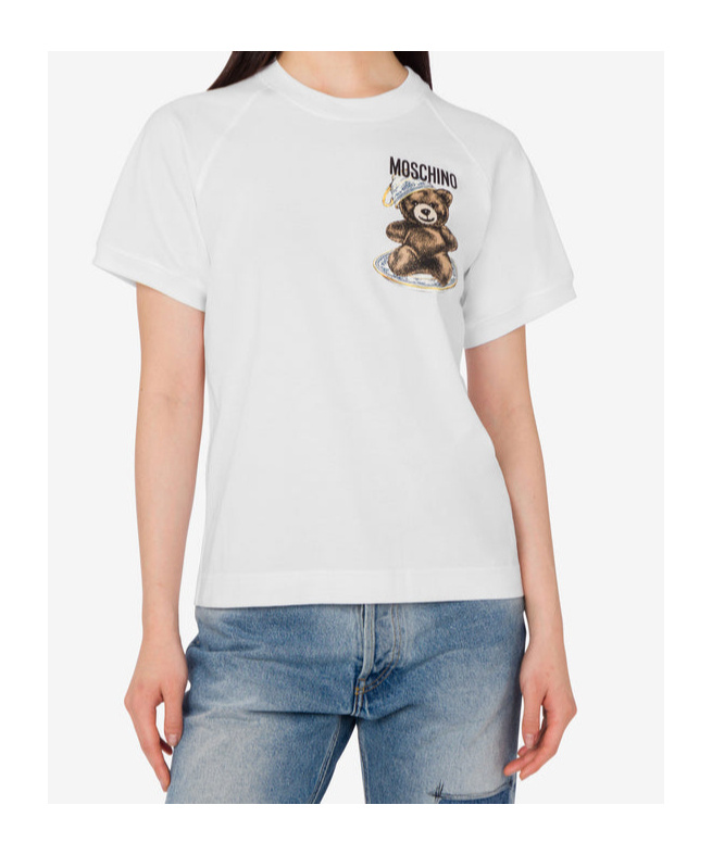 Moschino Cotton Sweater Ribbed Cuffs Hem Teddy Bear Motif In White
