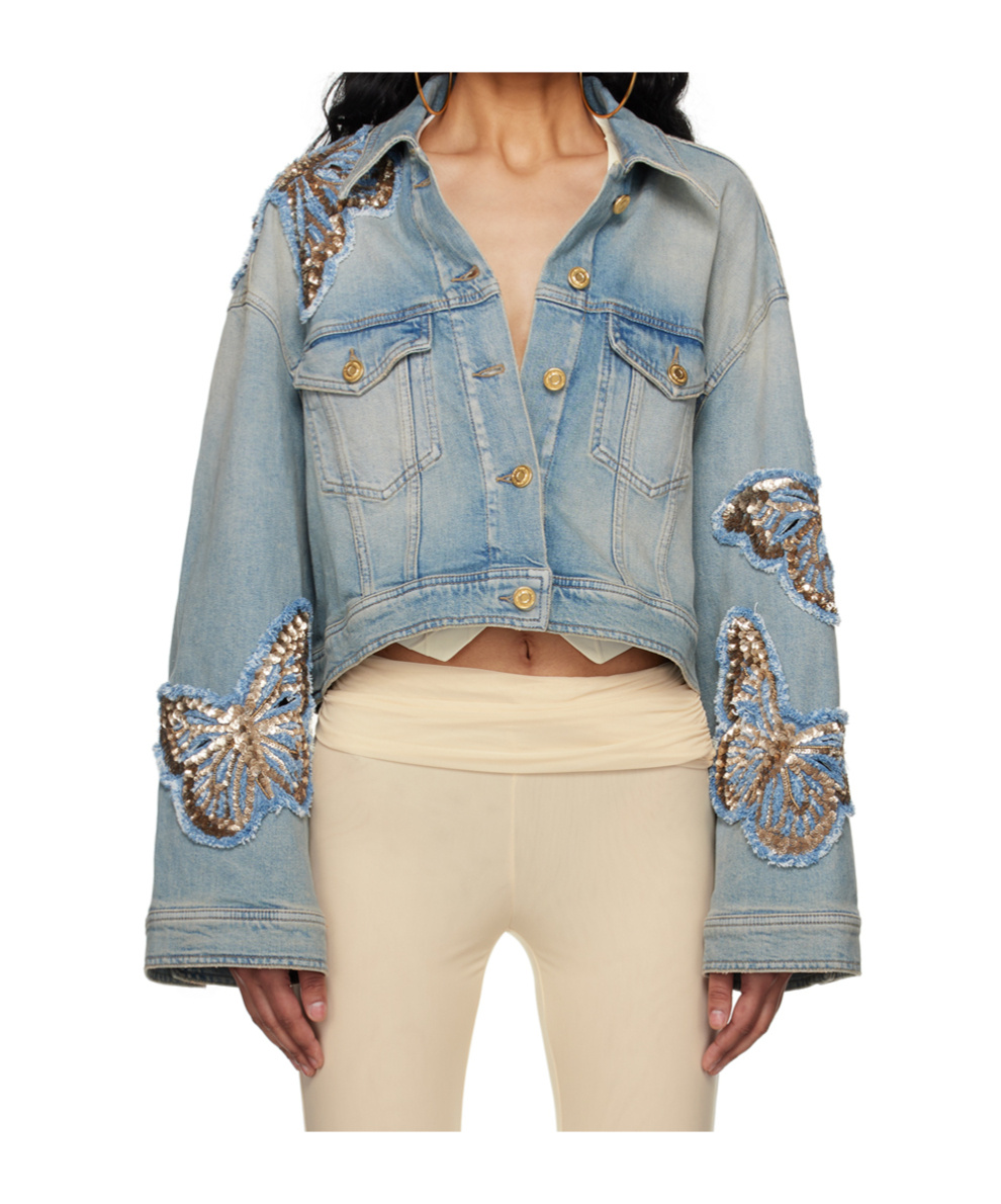 Blumarine Sequin Pattern Decal Denim Coat In Gray