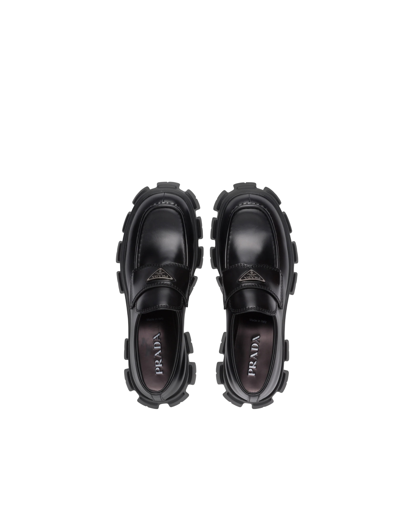 Prada Monolith Patent Leather Flatform Loafers In Black
