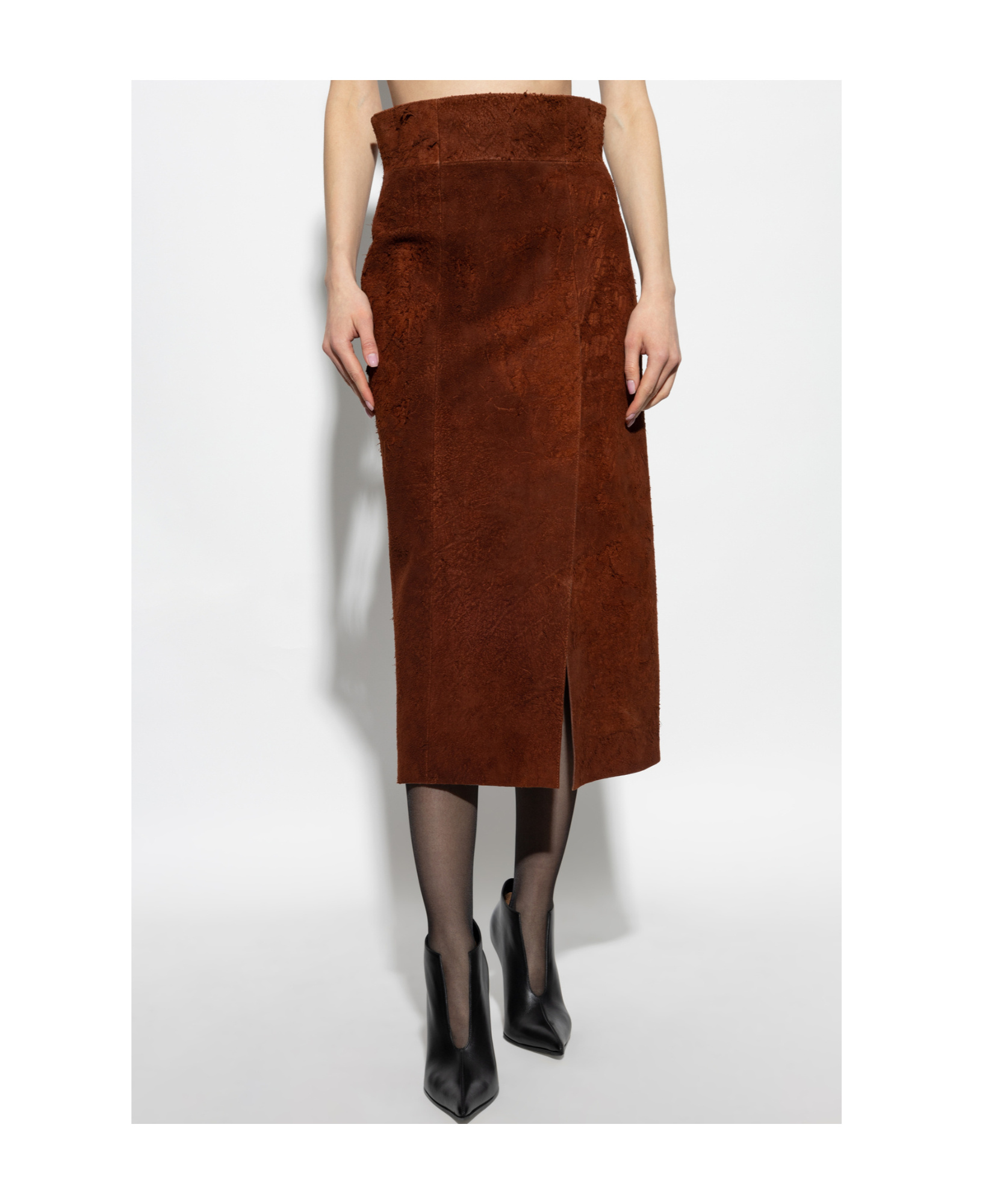 Alexander Mcqueen Womens Brown Brushed-suede Split Leather Midi Skirt In Brown