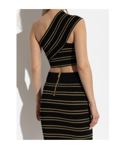 Balmain Striped One-shoulder Cropped Top With Lurex Thread In Black