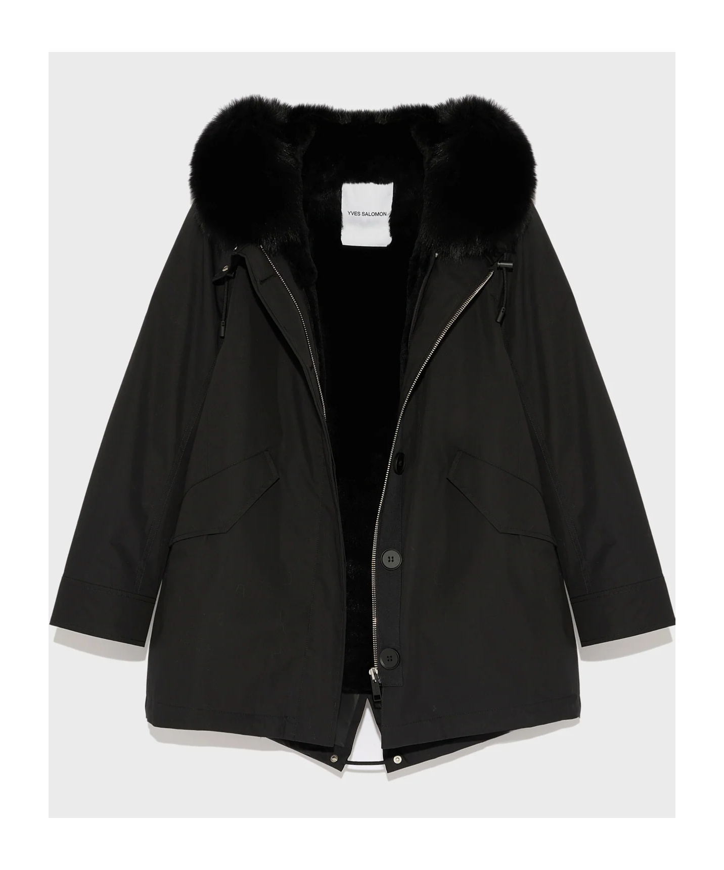 Yves Salomon Short Iconic Parka In Waterproof Cotton Blend With Fox And Rabbit Fur In Black