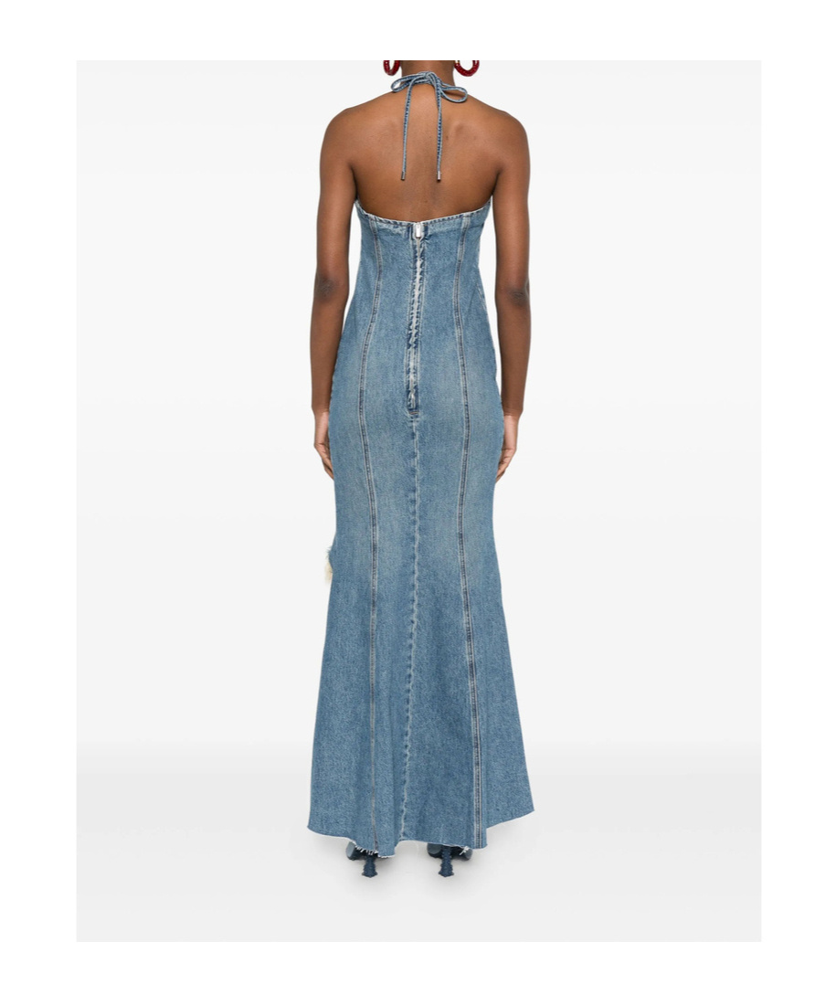 Blumarine Halter-neck Frayed-hem Denim Dress In Blue