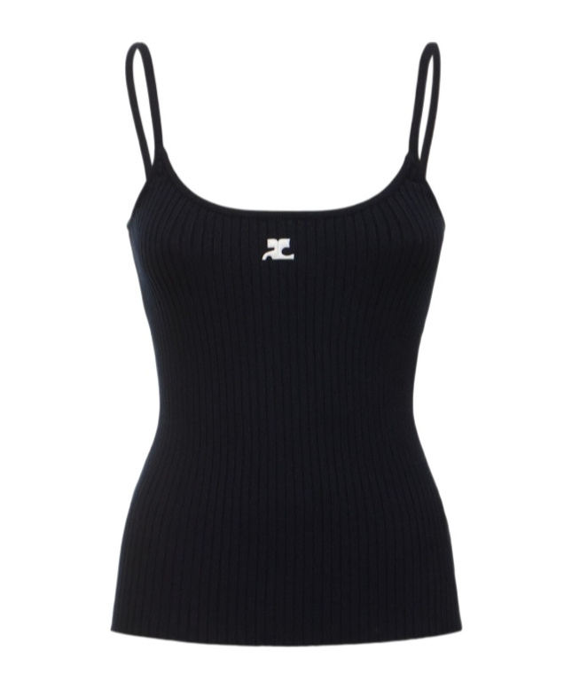 Courrèges Ribbed Spaghetti Strap Top With Elegant Logo Detail And Luxurious Fabric Blend In Black