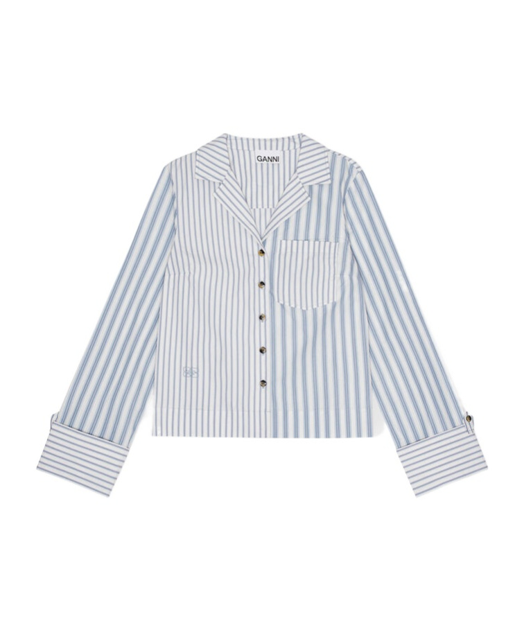 Ganni Stripe-print Cropped Poplin Shirt In White