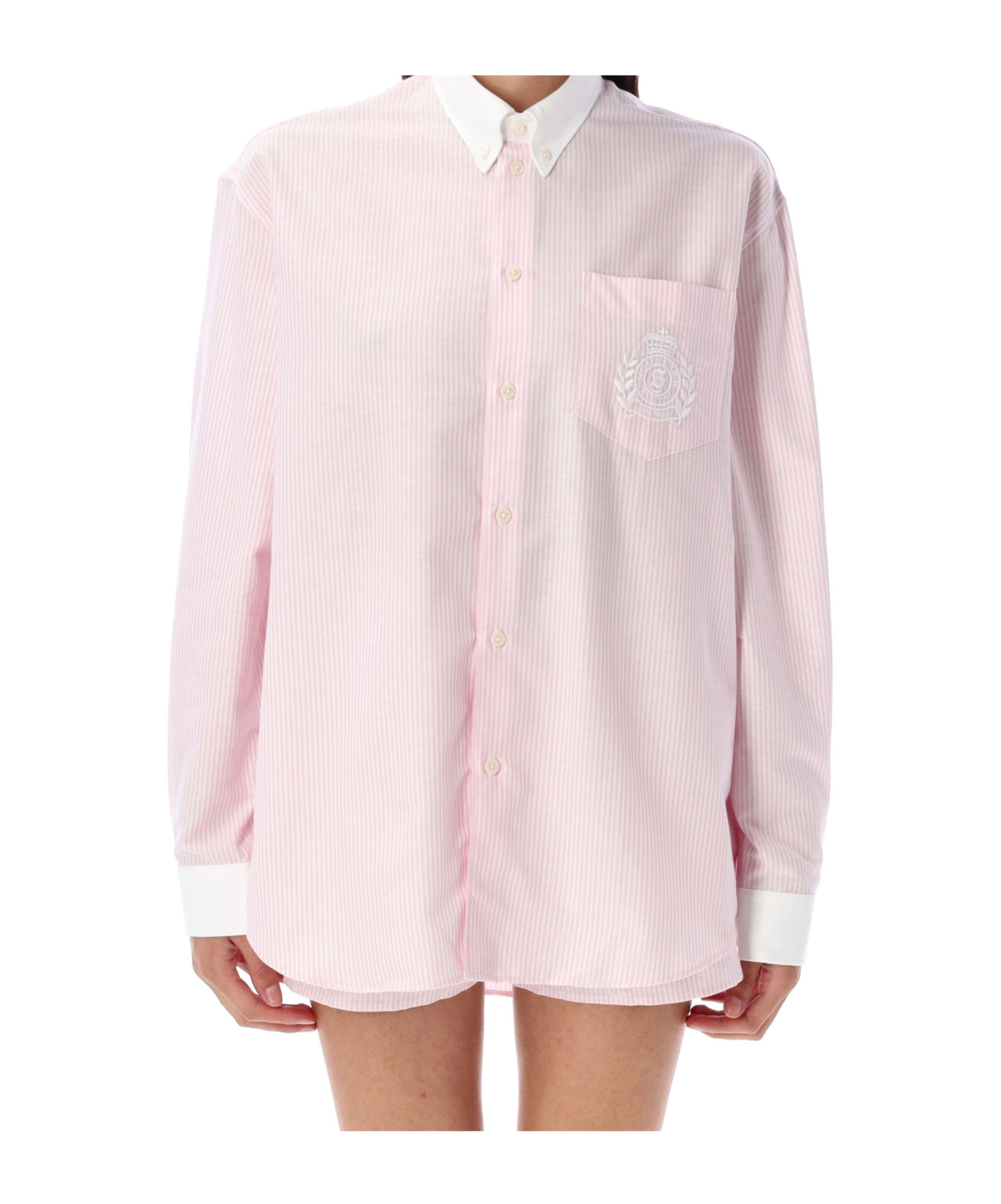 Sporty And Rich Crest-embroidered Striped Shirt In Pink