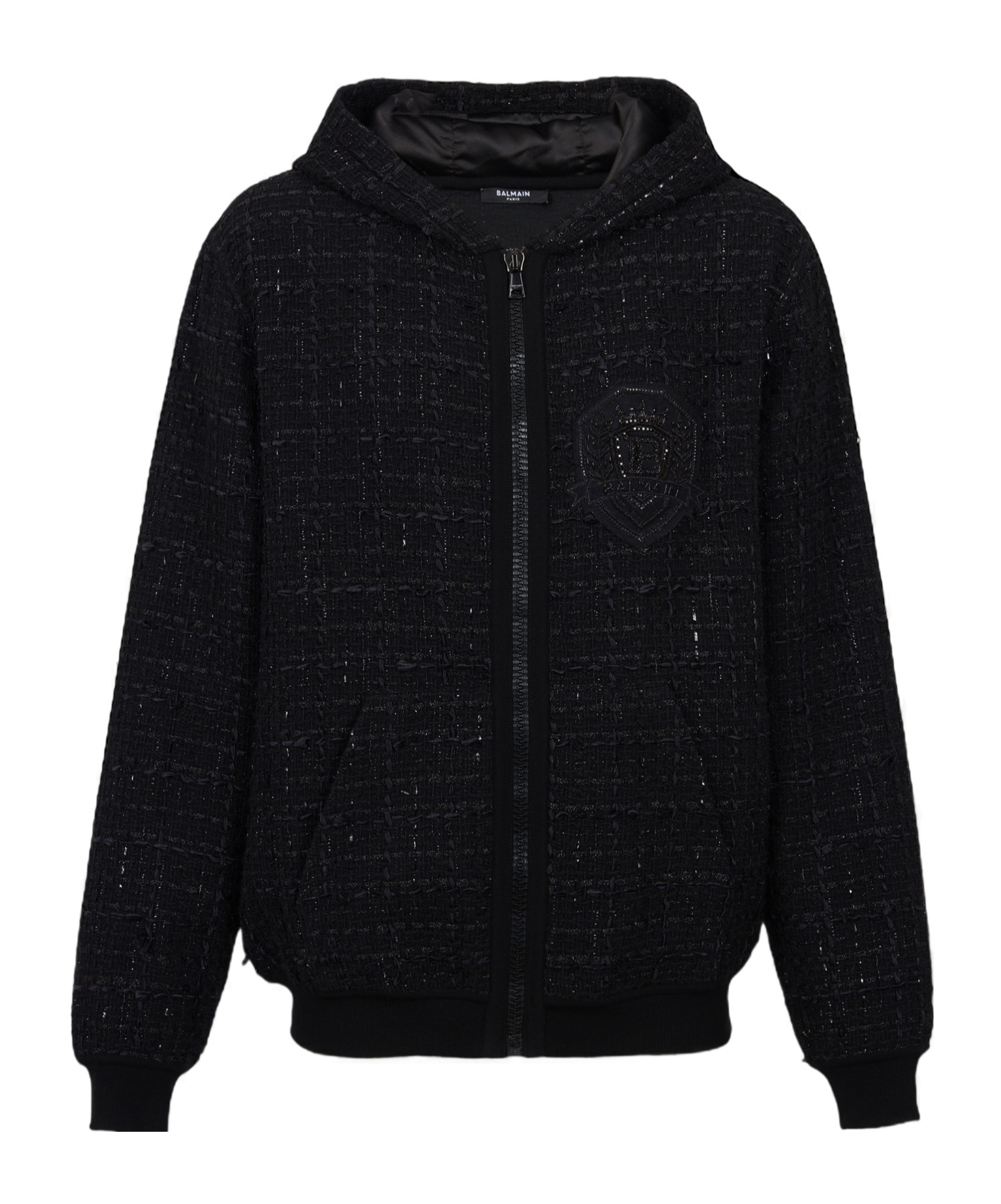 Shop Balmain Tweed Hooded Jacket In Black