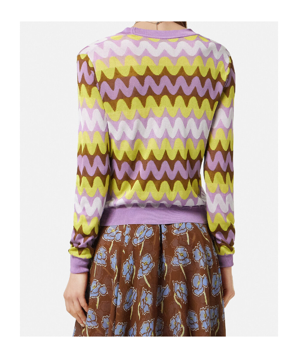 Versace Multicolor Wave Jacquard Knit Cardigan In Purple