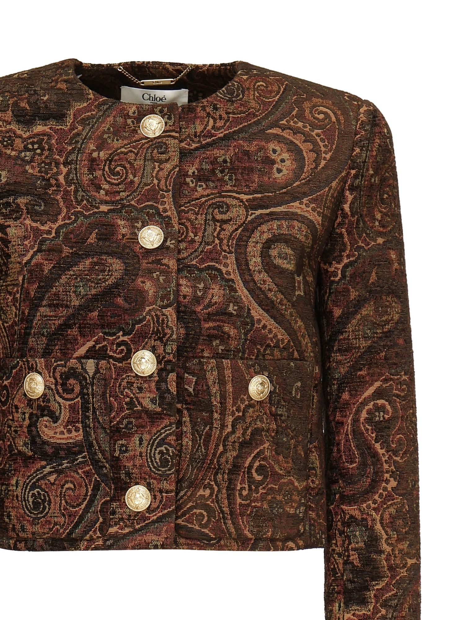 Chloé Women Multicolor Cropped Jacket With Round Neck And All-over Motif In Cotton Blend Woman In Brown