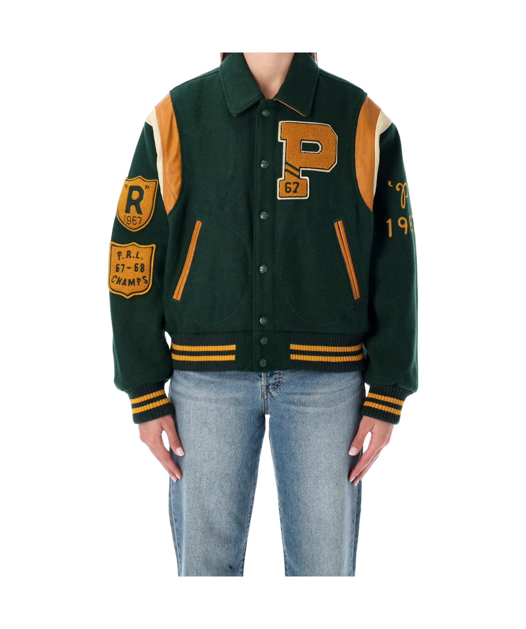 Polo Ralph Lauren Wool Blend Bomber Jacket Featuring Patches In Green