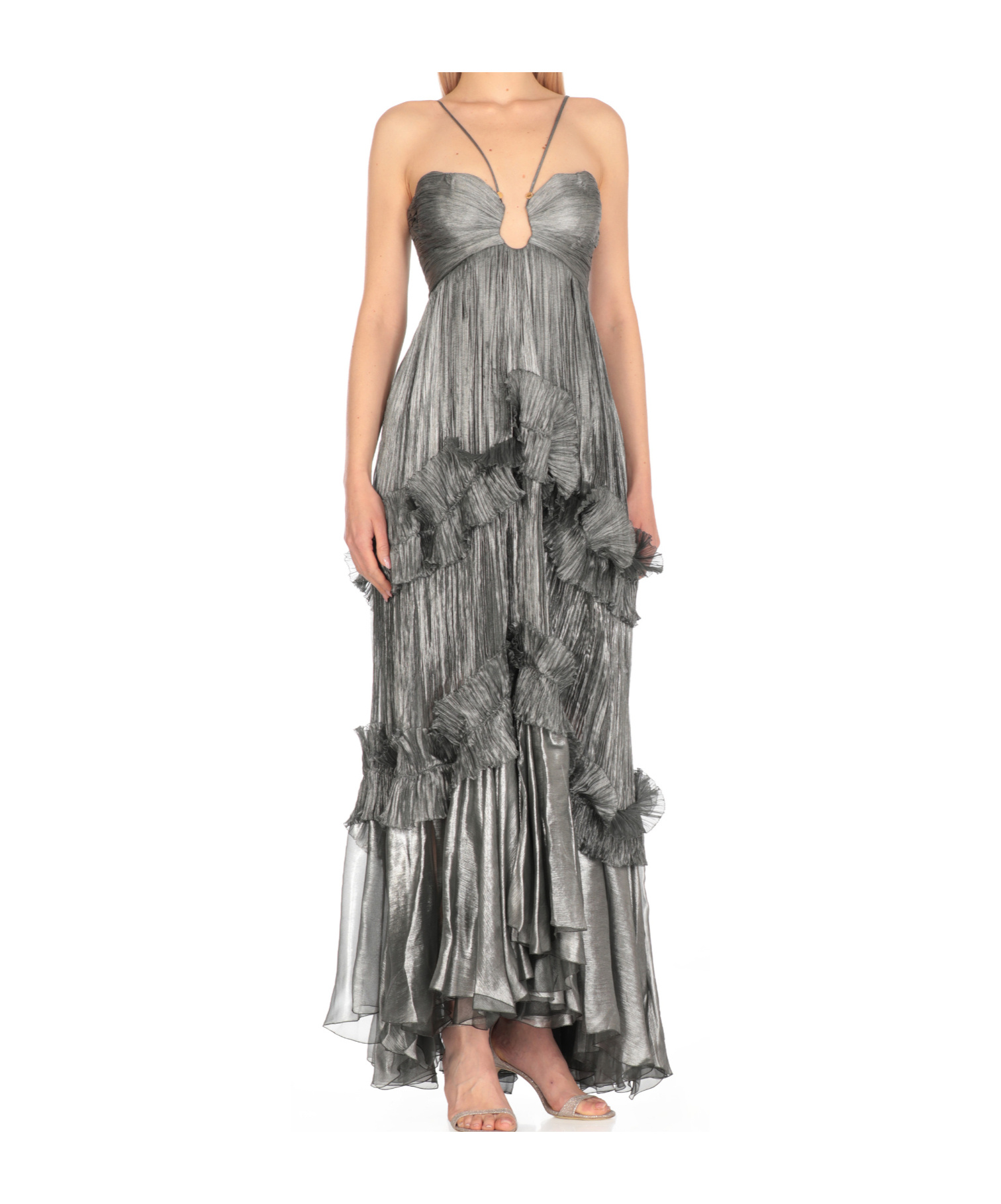 Maria Lucia Hohan Silk Draped Maxi Dress With Ruffle Details In Gray