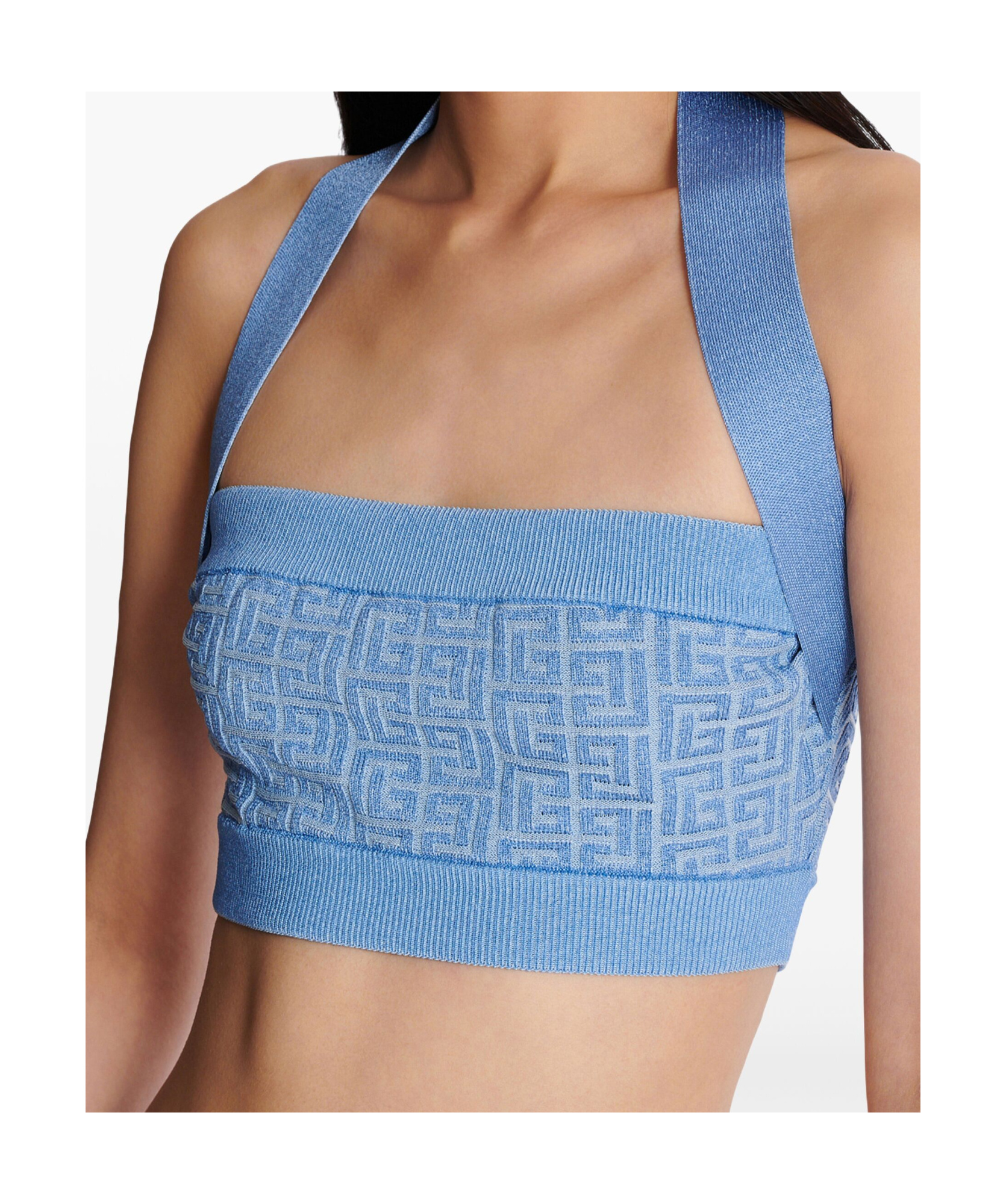 Shop Balmain Knit Halterneck Top With Pb Labyrinth Monogram In Blue