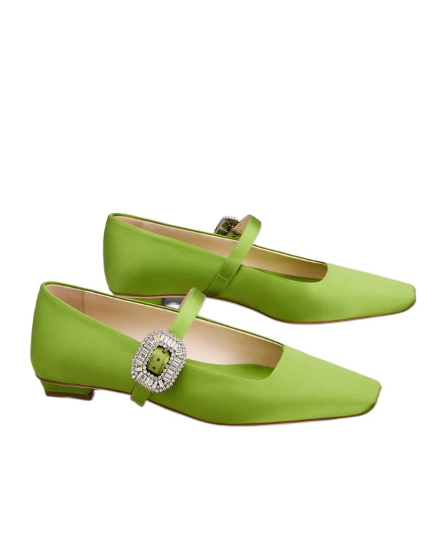 Roger Vivier Crystal Buckle Pointed Toe Satin Strap Shoes In Green