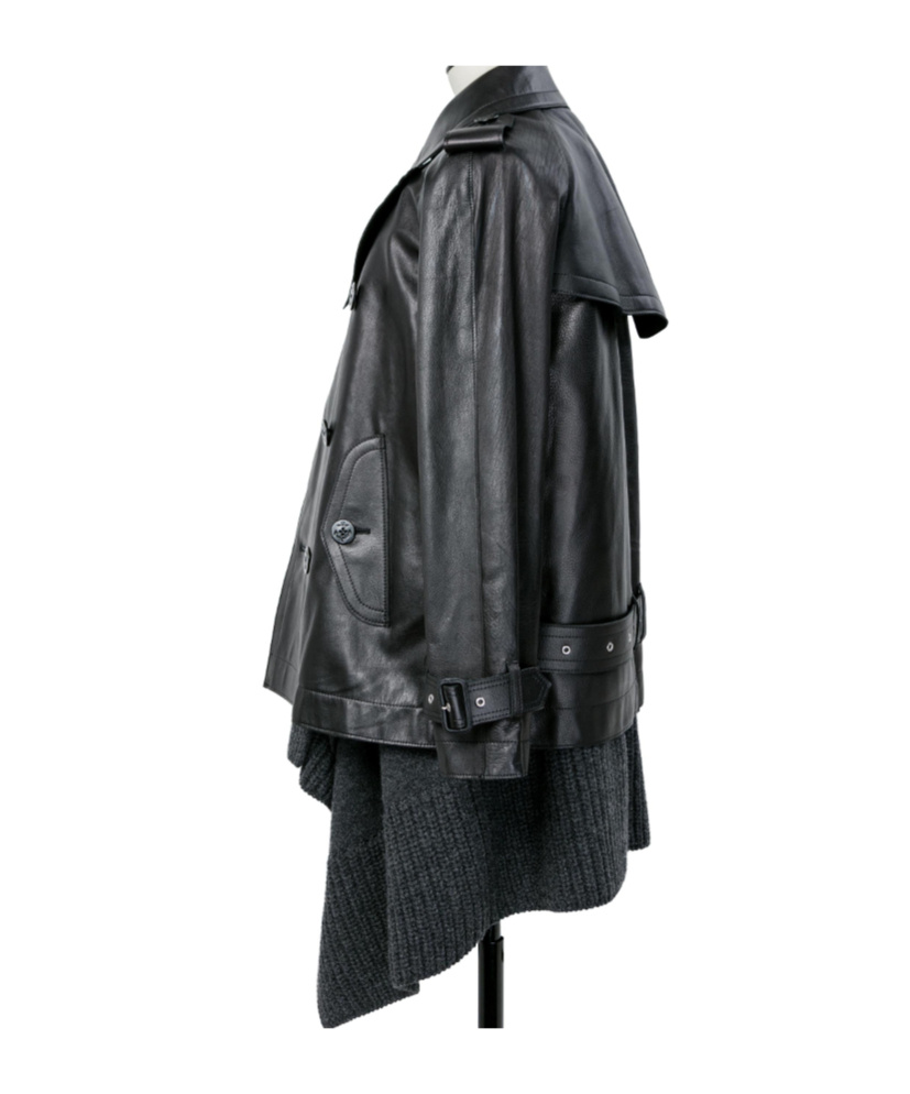 Sacai Leather X Wool Knit Jacket In Gray