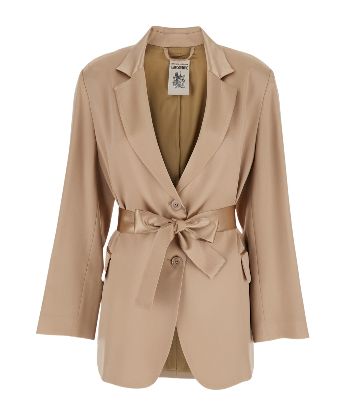 Semicouture Semi Couture Satin Blazer With Tailored Silhouette And Belted Waist In Nude
