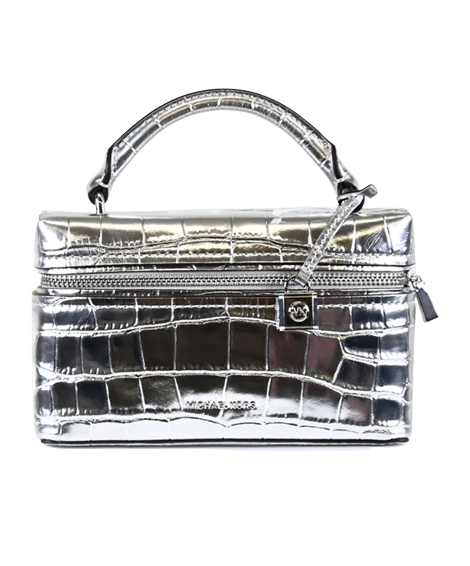 Michael Kors Crocodile Embossed Crossbody Bag Top Handle In Silver