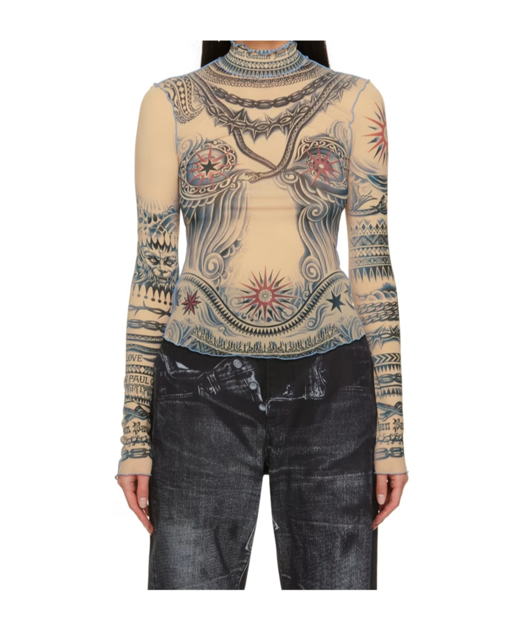 Jean Paul Gaultier Beige Soleil Turtleneck In Blue/red