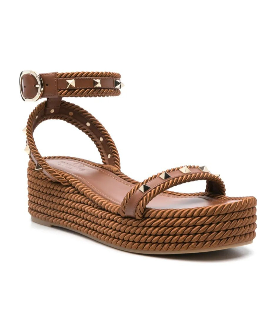 Valentino Studded Leather Cork Wedge Sandals In Brown