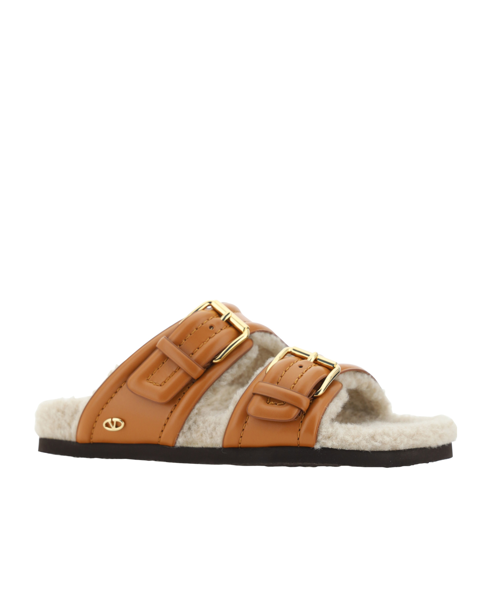 Valentino Women's Double Buckle Fleece Lined Sandals In Brown