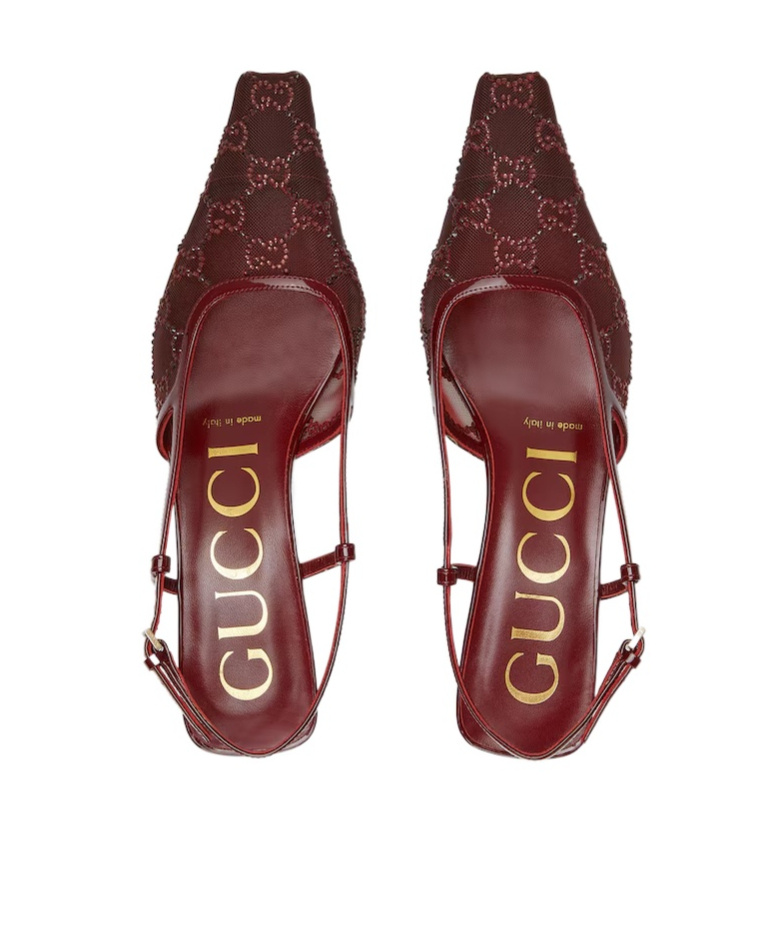 Gucci 35mm Gg Crystal-embellished Slingback Pumps In Burgundy