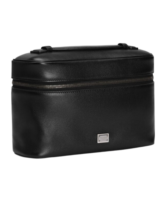 Dolce & Gabbana Leather Logo Plaque Toiletry Bag In Black
