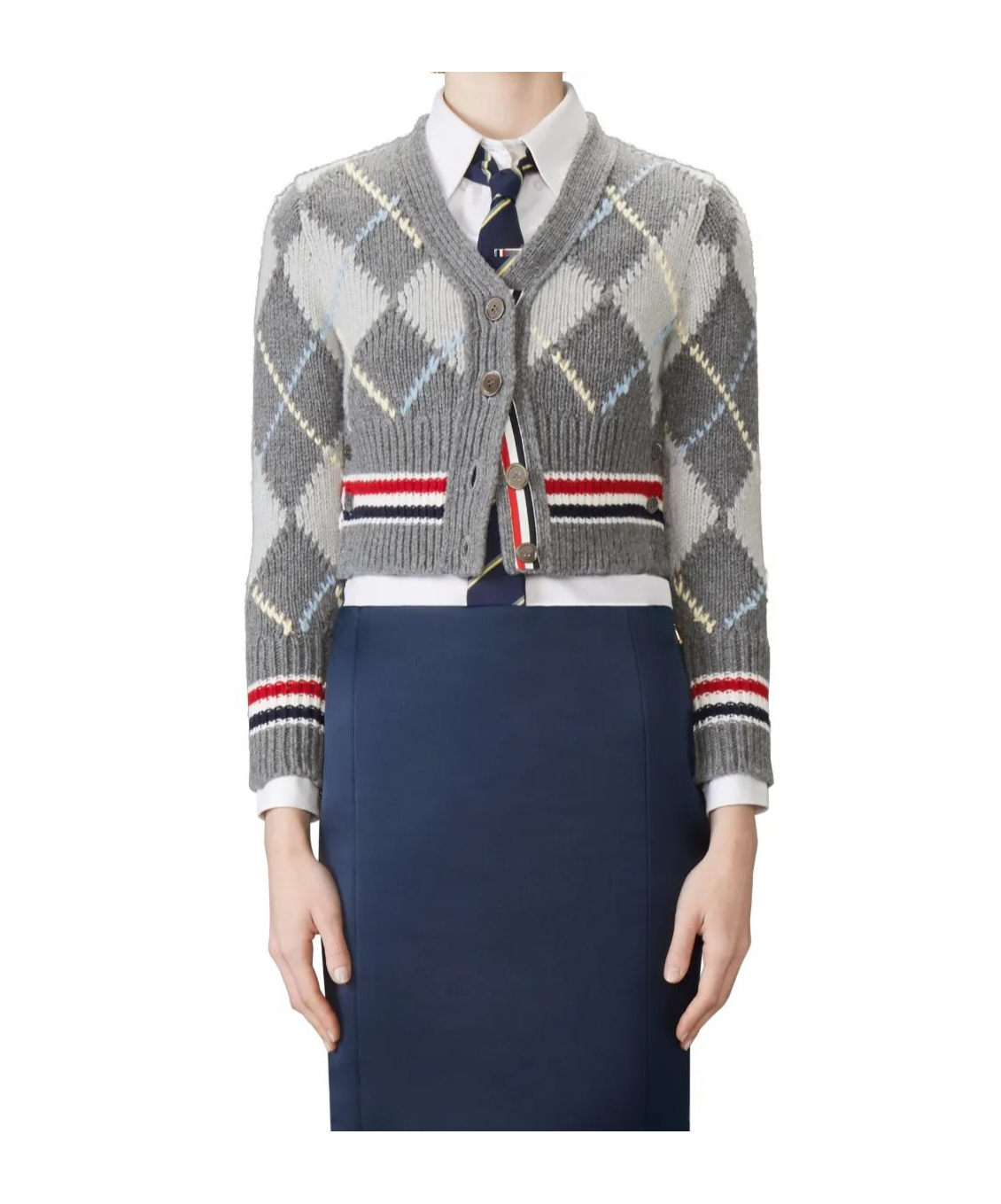 Thom Browne Argyle V Neck Cardigan In Merino Wool In Gray