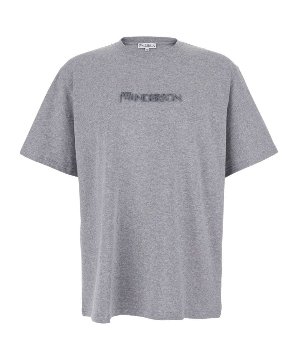 Jw Anderson Grey Crewneck T-shirt With Logo Embroidery On The Front In Gray