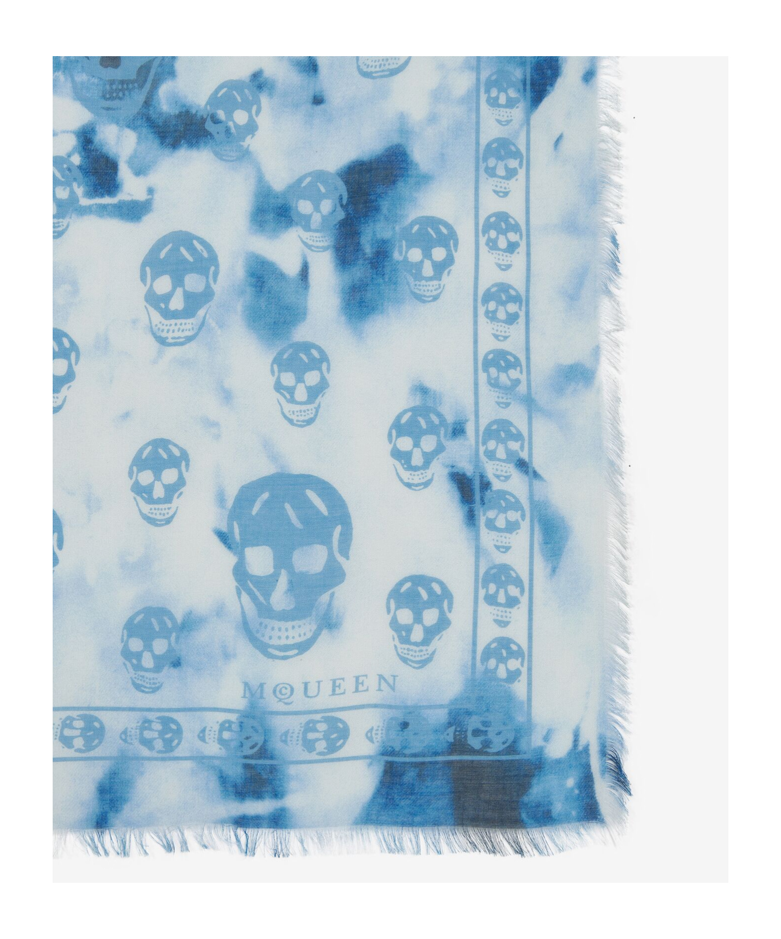 Alexander Mcqueen Skull Printed Frayed-edge Scarf In Blue