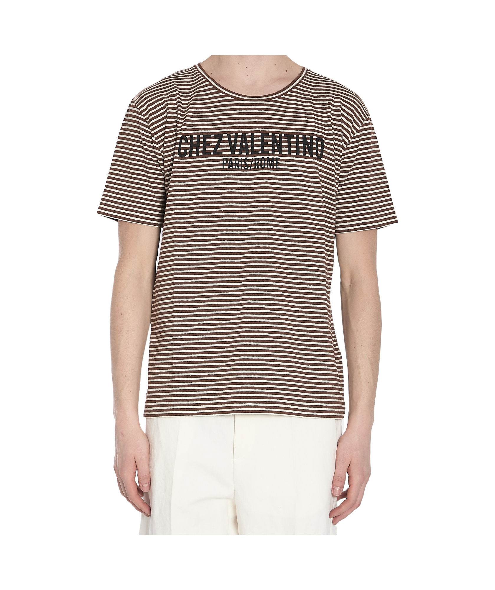 Valentino Striped Cotton T-shirt With Chez Print In White