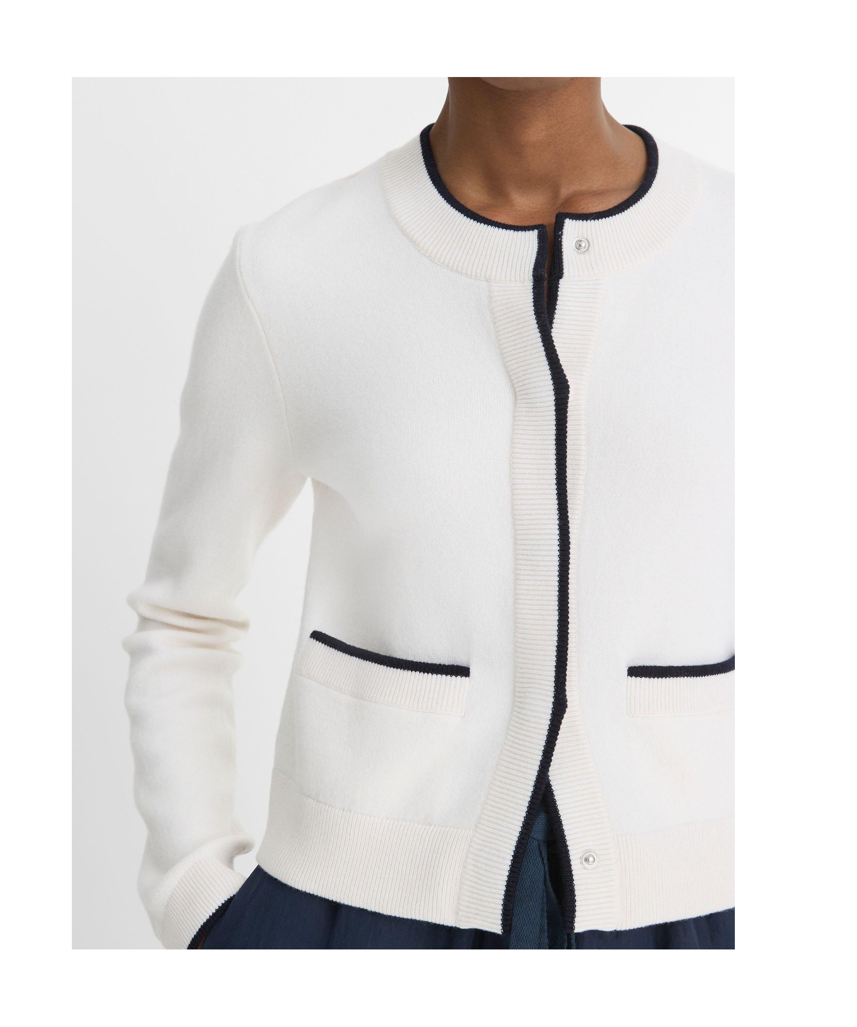 Vince Contrast Tipped Snap Front Cardigan In White