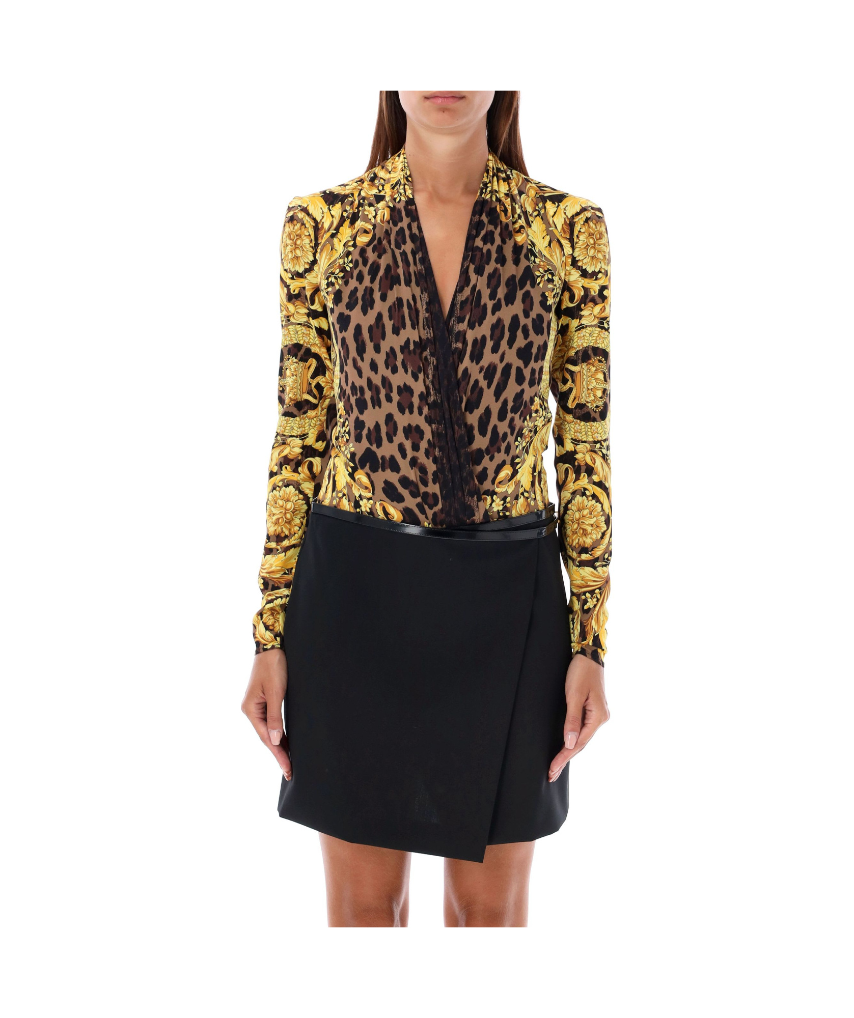 Versace Black & Gold Wild Barocco Silk Draped Bodysuit In Black