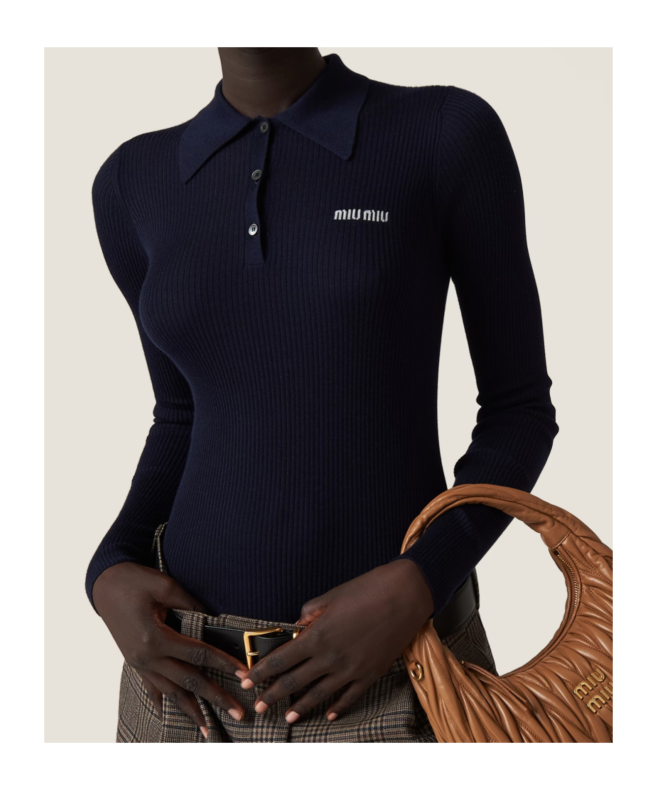 Miu Miu Logo Ribbed-knit Cashmere And Silk Polo Shirt In Black